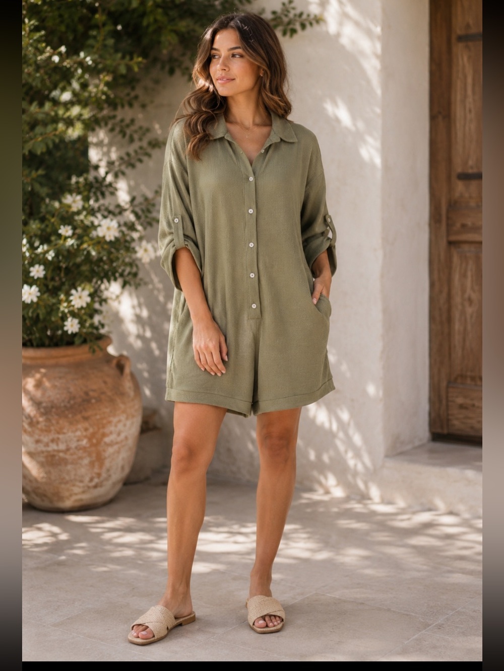 Boho Olive Green Button-Up Romper